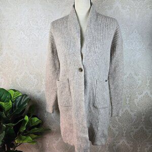Uniglo Size Small Cream Colored 100% Wool Tunic Length Cardigan One Button Close